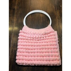 Vintage Handmade Pink Crochet Popcorn Stitch Purse White Circle Handle Bag